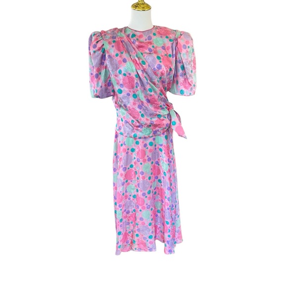 Vintage 80's Flora Kung 100% Silk Floral Dress Pink Green Wrap